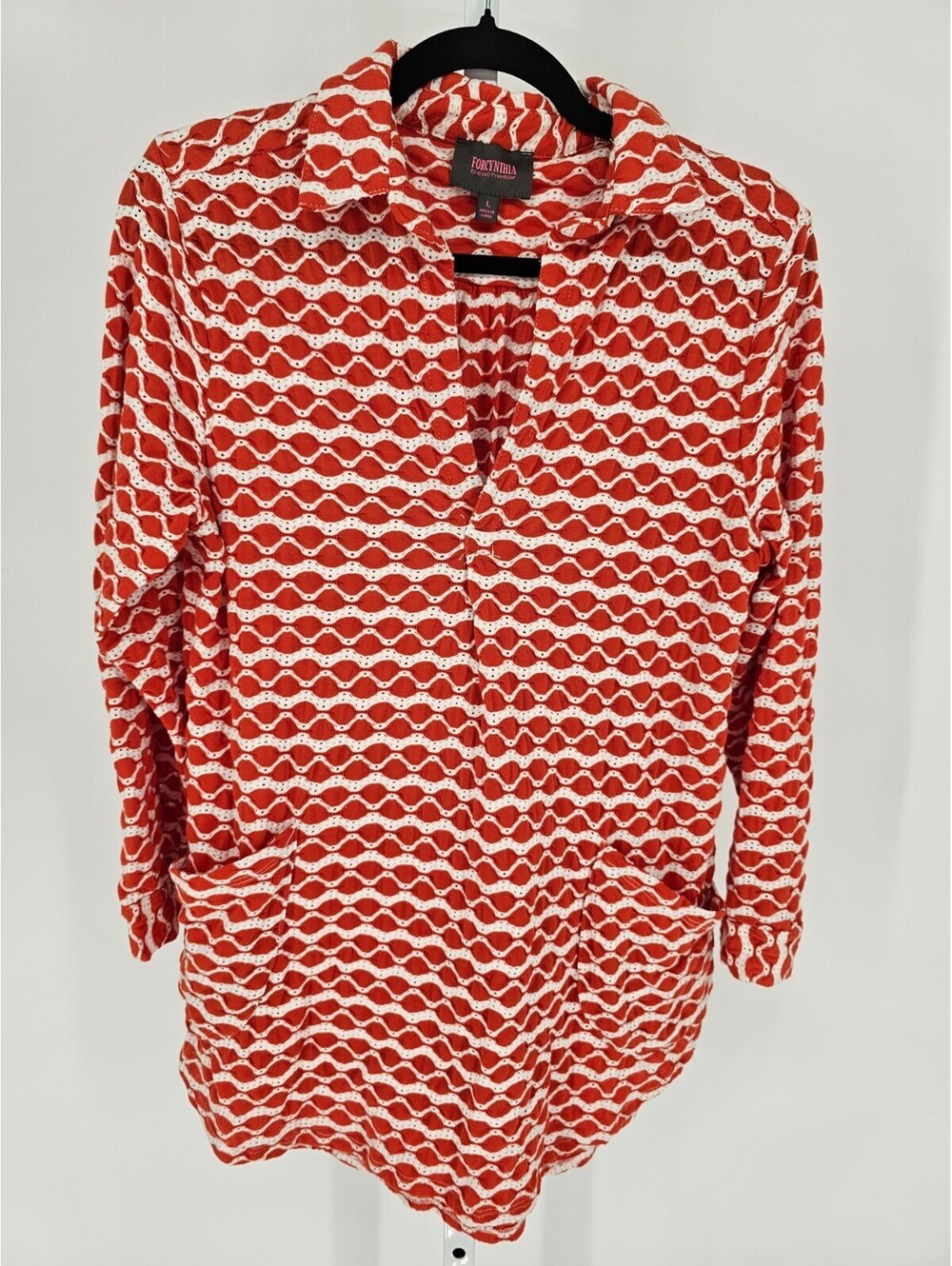 For Cynthia Beachwear Womens Sz L Long Sleeve Swimsuit Coverup Red White Crochet